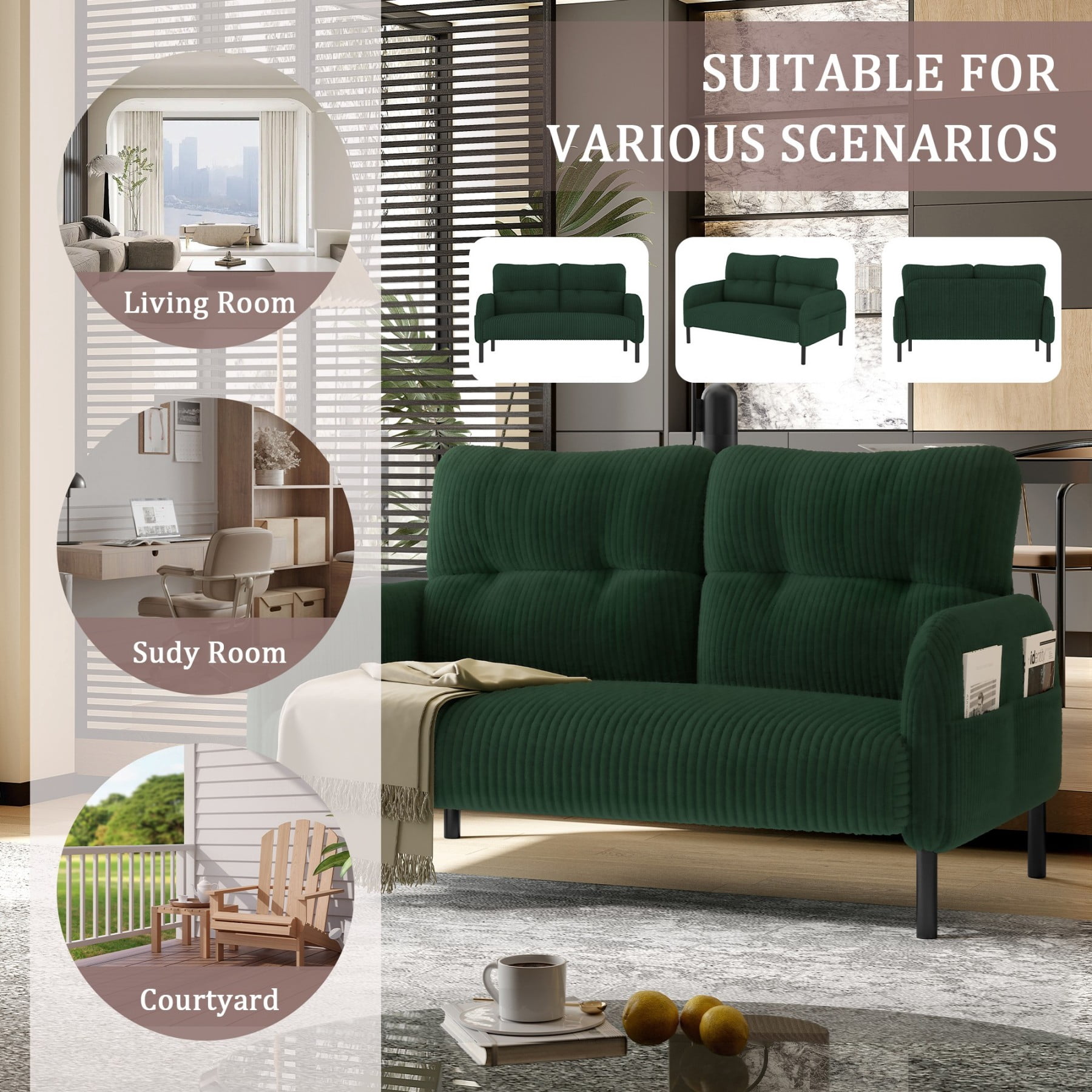 Corduroy Loveseat Sofa, Modern Upholstered Double Sofa Couch with Side Pockets for Living Room Bedroom Apartment, Emerald