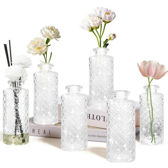 AssHMKIT Glass Flower Vase, Aromatherapy Bottle, Small Vase, 6 Sets, Simple, Centerpieces for Table, White Transparent, For Home Decoration, Anniversary, Wedding