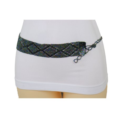 Women Green Color Beads Waistband Tie Fashion Belt Hip Waist Size S M