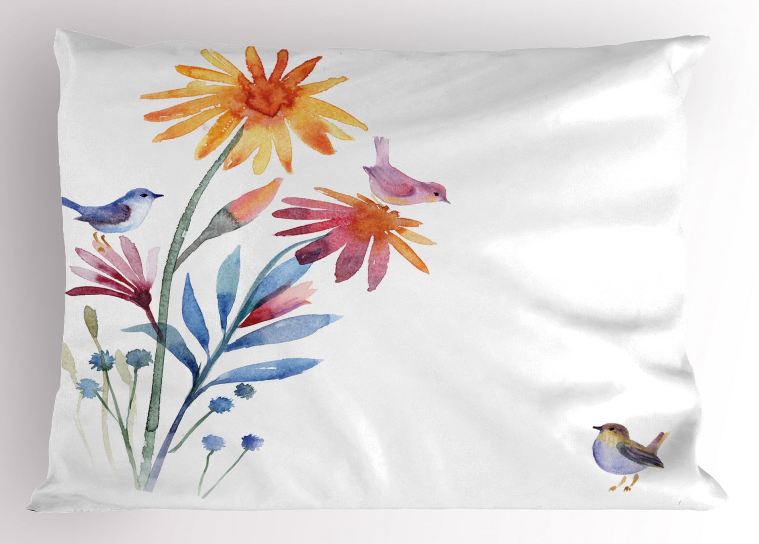 Watercolor Pillow Sham Springtime Flowers with Birds Unusual Color Scheme Brush Effect, Decorative Standard Size Printed Pillowcase, 26 X 20 Inches, Slate Blue Amber Levander, by Ambesonne