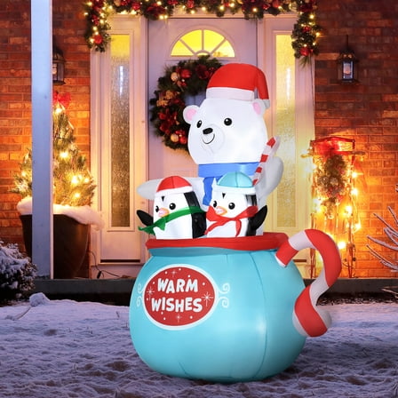 5 FT Inflatable Blessed Polar Bear and Penguins in The Cup, Blow Up Yard Decorations with Build-in LED Lights, Outdoor  Christmas Decoration for Garden Lawn Party Holiday