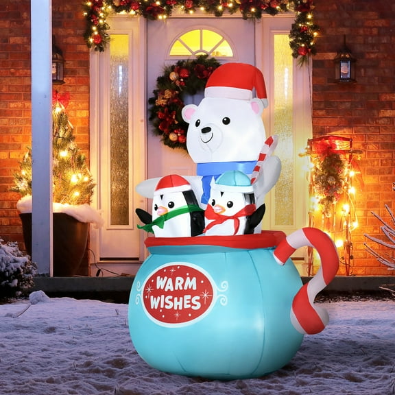 5 FT Inflatable Blessed Polar Bear and Penguins in The Cup, Blow Up Yard Decorations with Build-in LED Lights, Outdoor  Christmas Decoration for Garden Lawn Party Holiday