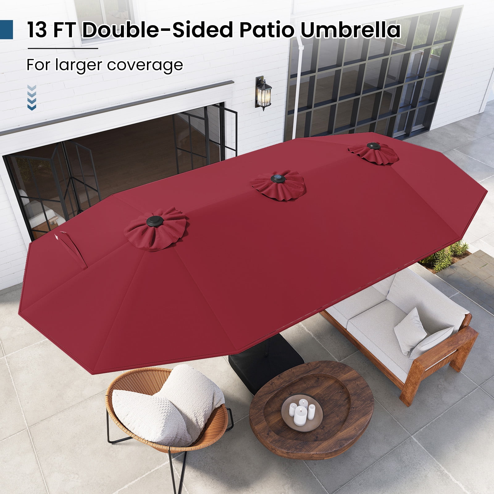 Costway 13FT Double-sided Patio Umbrella with Solar Lights Crank Handle Umbrella Base Wine