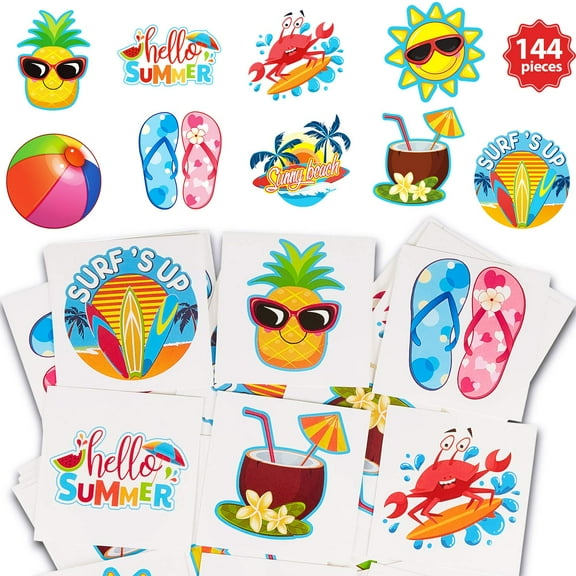 Kids Waterproof Temporary Tattoos 144 Pcs, 9 Styles Hawaiian Luau Tropical Stickers, Summer Pool Beach Party Favors Decorations for Boys Girls Birthday Party Supplies