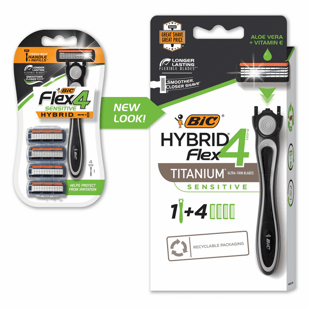 BIC Flex 4 Sensitive Hybrid Men's 4-Blade Disposable Razor for Sensitive Skin -- 1 Razor Handle, 4 Refill Cartridges