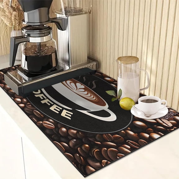 Coffee Mat for Countertops, Cup of coffee beans Dish Drying Mat 2 Pcs for Kitchen Coffee Bar Accessories, Coffee Maker Espresso Machine Dish Rack Hide Stain Rubber Backed 12x19In