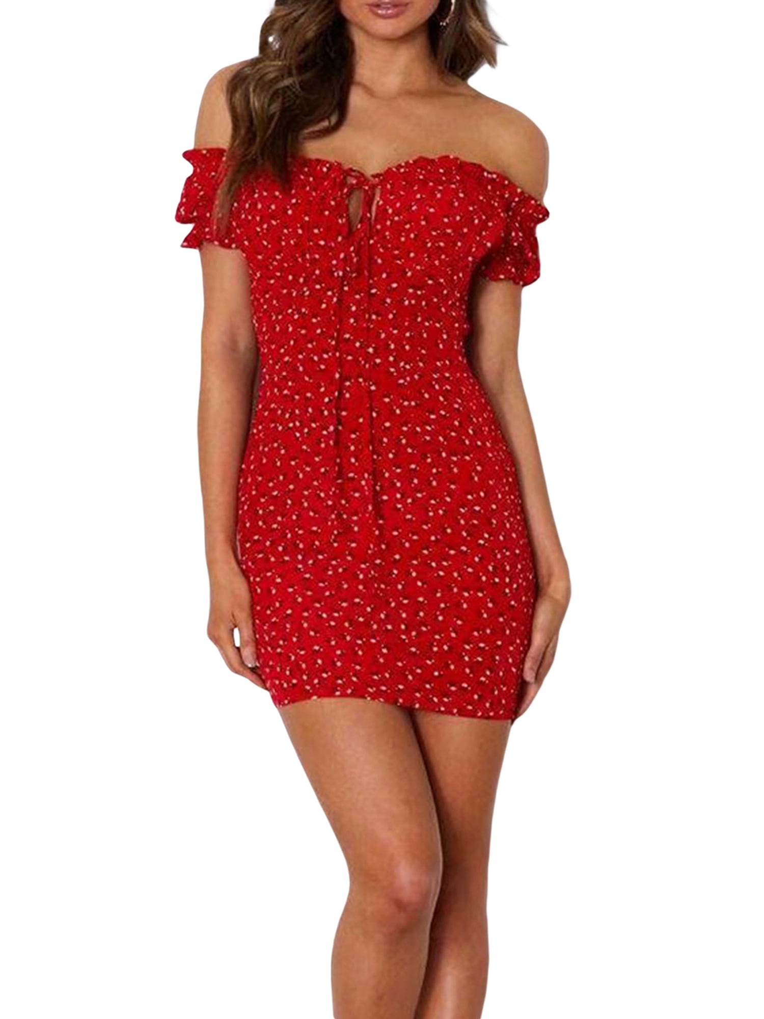 Womens Sexy Floral Mini Dress Off The Shoulder Lace Up Ruffle Bodycon Dresses Beach Party