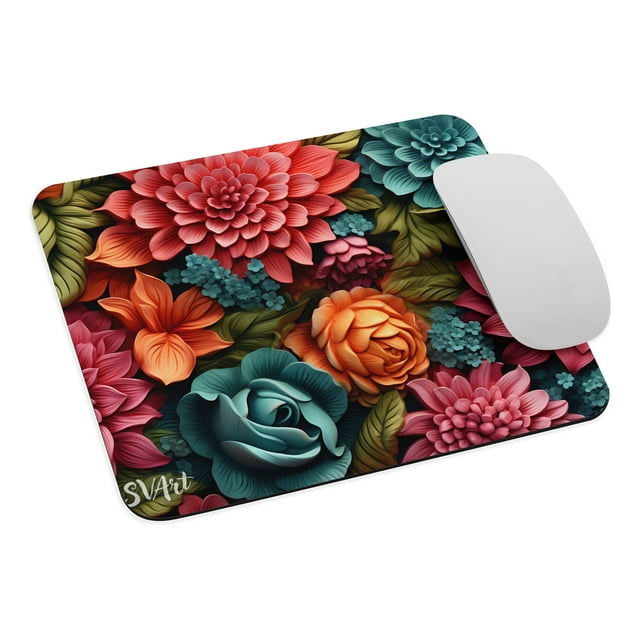 Mouse Pad SVART de Superficie Suave, base antideslizante, con diseño orginal de Flores 3D, Diseño16, 22*18 cm
