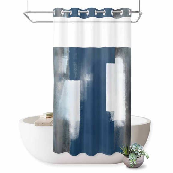 No Hook Shower Curtain, Blue Grey Shower Curtains for Bathroom with See Through Top Window, Contemporary Simple Abstract Aesthetic Art Waterproof & Washable Bath Curtain Stand Up Stall 36"x72"