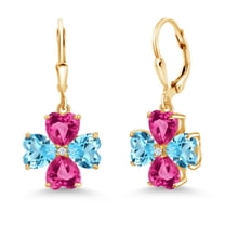 Gem Stone King 18K Yellow Gold Plated Silver Swiss Blue Topaz and Pink Created Sapphire Dangle Earrings for Women (7.02 Cttw, Gemstone November Birthstone, Heart Shape 6MM)