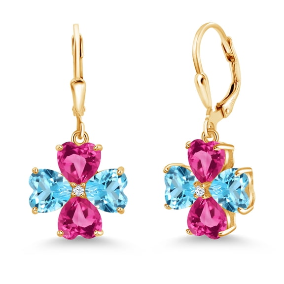 Gem Stone King 18K Yellow Gold Plated Silver Swiss Blue Topaz and Pink Created Sapphire Dangle Earrings for Women (7.02 Cttw, Gemstone November Birthstone, Heart Shape 6MM)