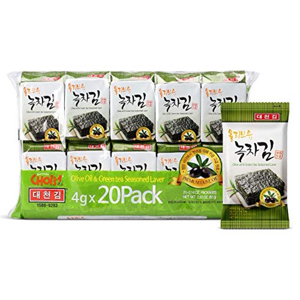 Daechun(Choi's1) Seaweed Snacks, (Pack of 20), Original, Sea Salt, Green Tea Powder, Vegan, Keto