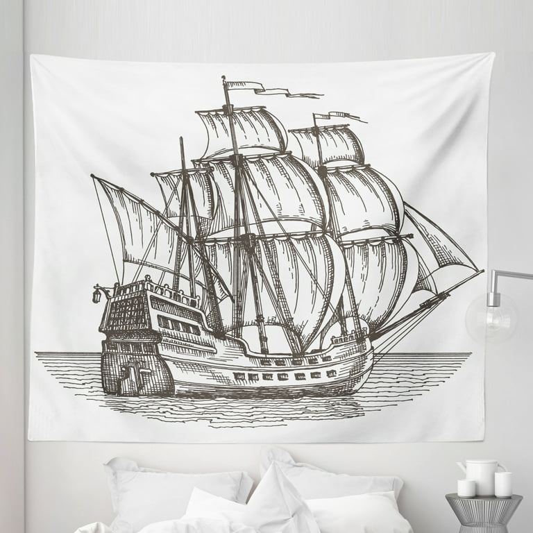 Pirate Ship Tapestry, Old Retro Style Ship Floating on Water