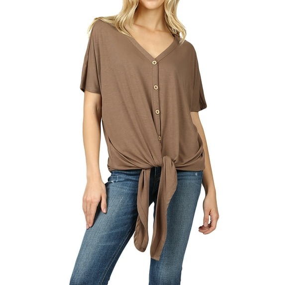 Women Short Sleeve V Neck Button Down T Shirts Tie Front Knot Loose Blouse Casual Tops