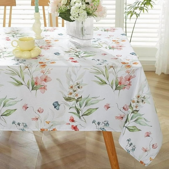 Spring Summer Tablecloths Rectangle 52x70 Inch, Spill Proof Watercolor Floral Table Cloth,Washable Wrinkle Free Print Green Fabric Table Cover for Picnic Patio Outdoor