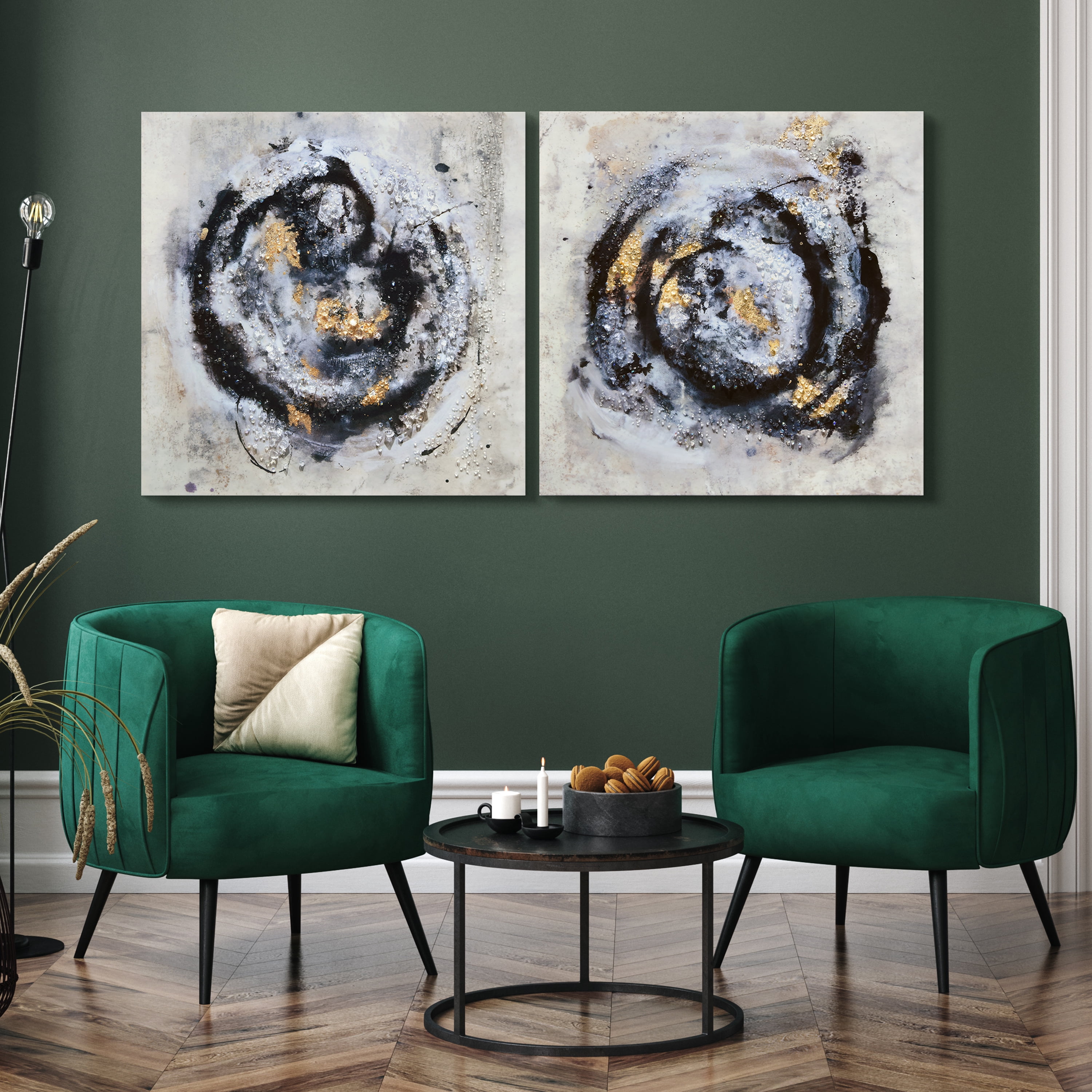 "Cosmic Swirl I & II" Crystallus Epoxy Coated Wrapped Glossy Abstract Canvas Wall Art with Heavy Acrylic Crystal Shards Embellishments, Gold Foil Accents