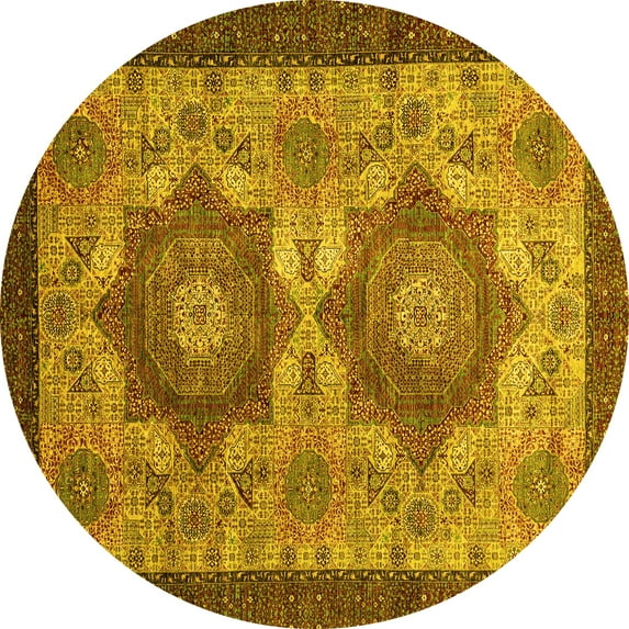 Ahgly Company Machine Washable Indoor Round Abstract Yellow Modern Area Rugs, 7' Round