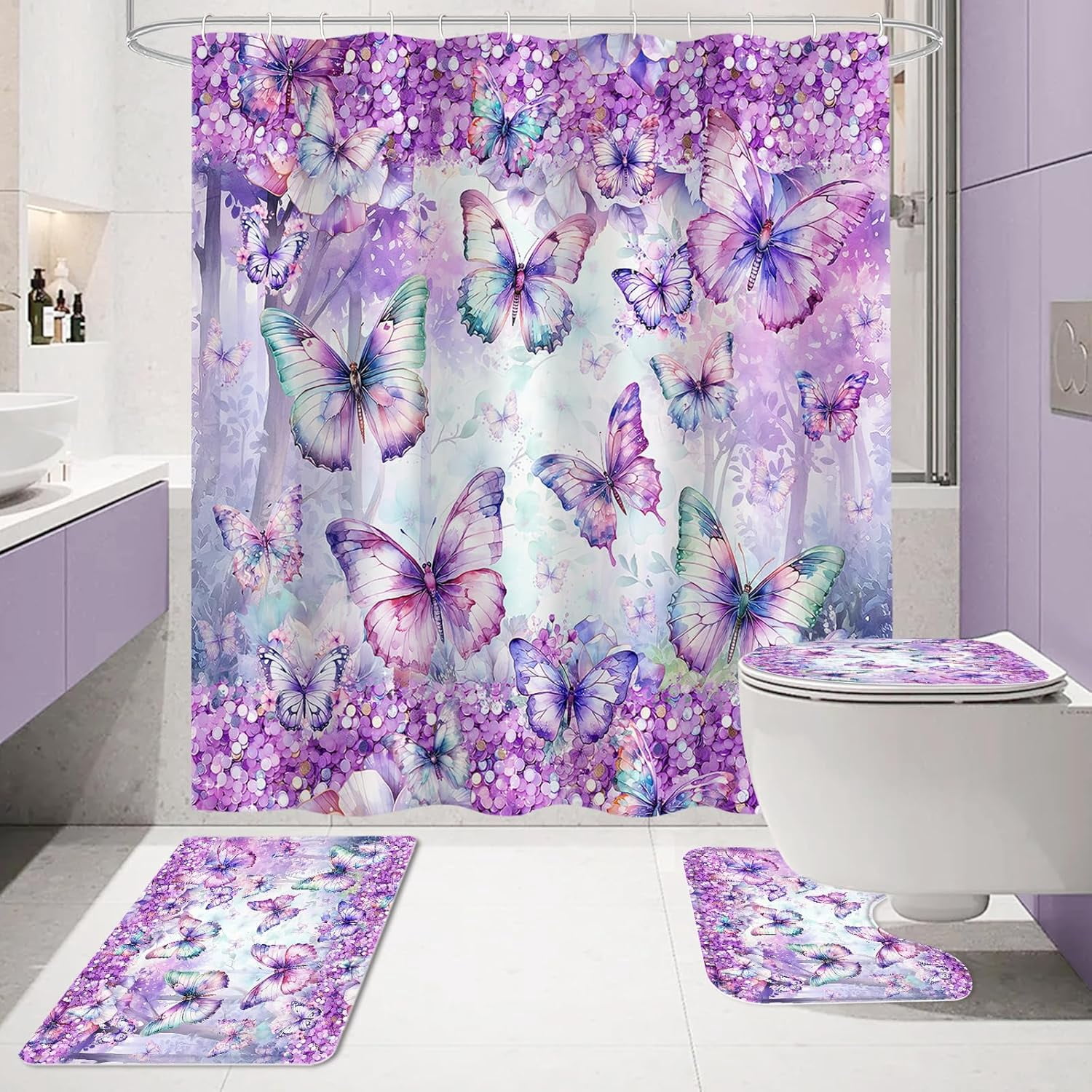 4 Pcs Blue Floral Butterfly Shower Curtain Set with Non-Slip Rugs, Modern Toilet Lid Cover and Bath Mat, Sparkling Bathroom Decor Set with Shower Curtain and Rugs