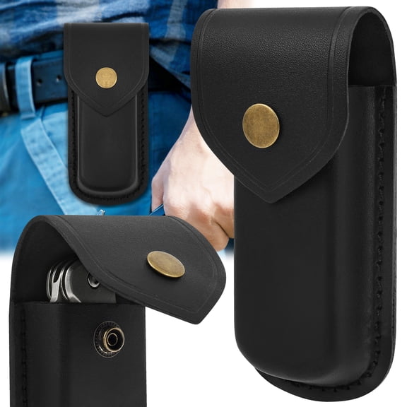 Hvxrjkn 5.5" Universal Black Leather Knife Sheath – Heavy-Duty Belt Holster for Folding Knives & Multitools, Ideal for Camping & EDC