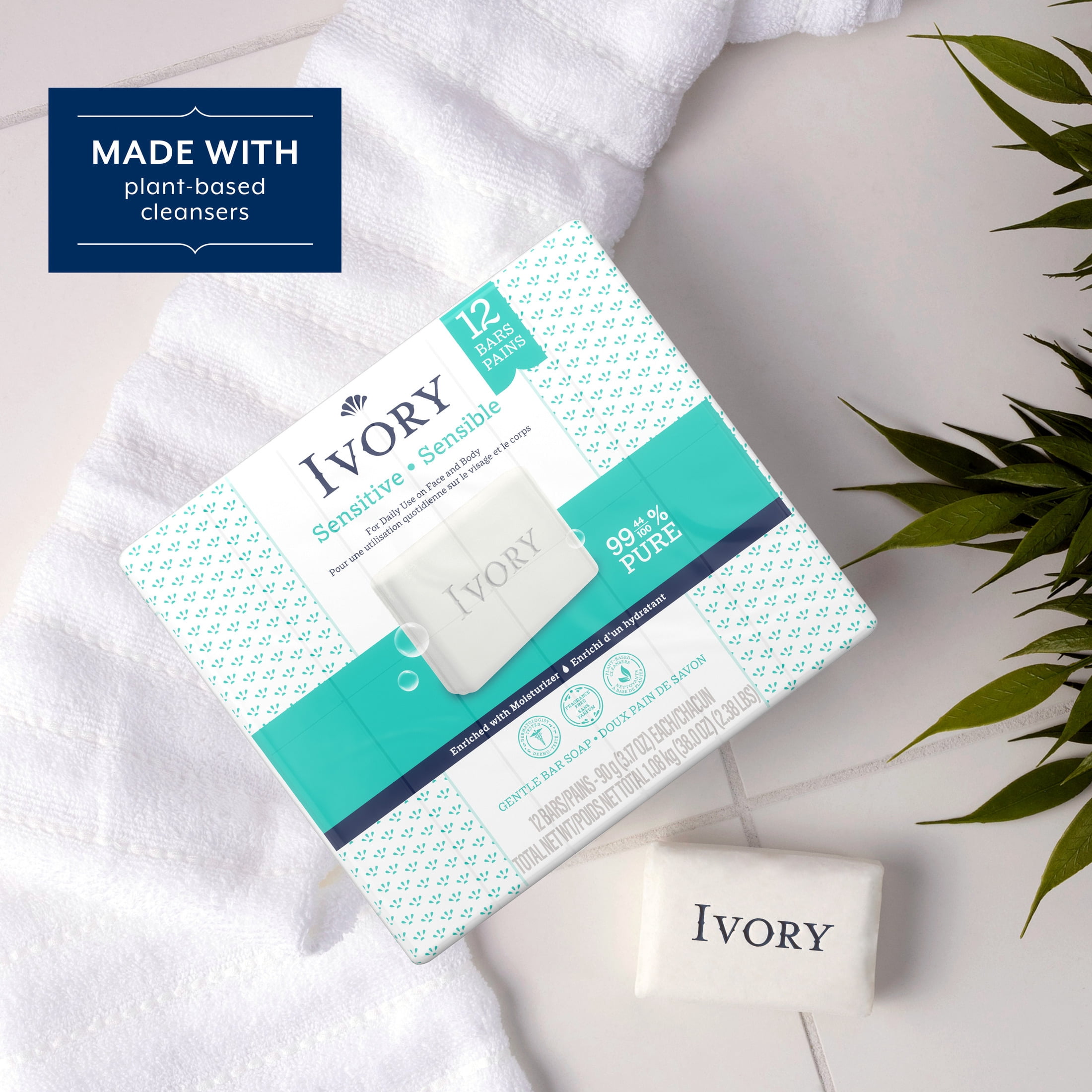 Ivory Sensitive Bar Soap, Fragrance Free 3.17 oz (12 count)