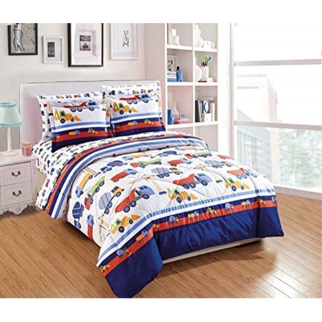 Elegant Home Multicolor Construction Equipment Trucks Cement Mixers Backhoe Cranes Design 7 Piece Comforter Bedding Set For Boys Kids Bed In A Bag With Sheet Set Construction Blue Full Size Walmart Com