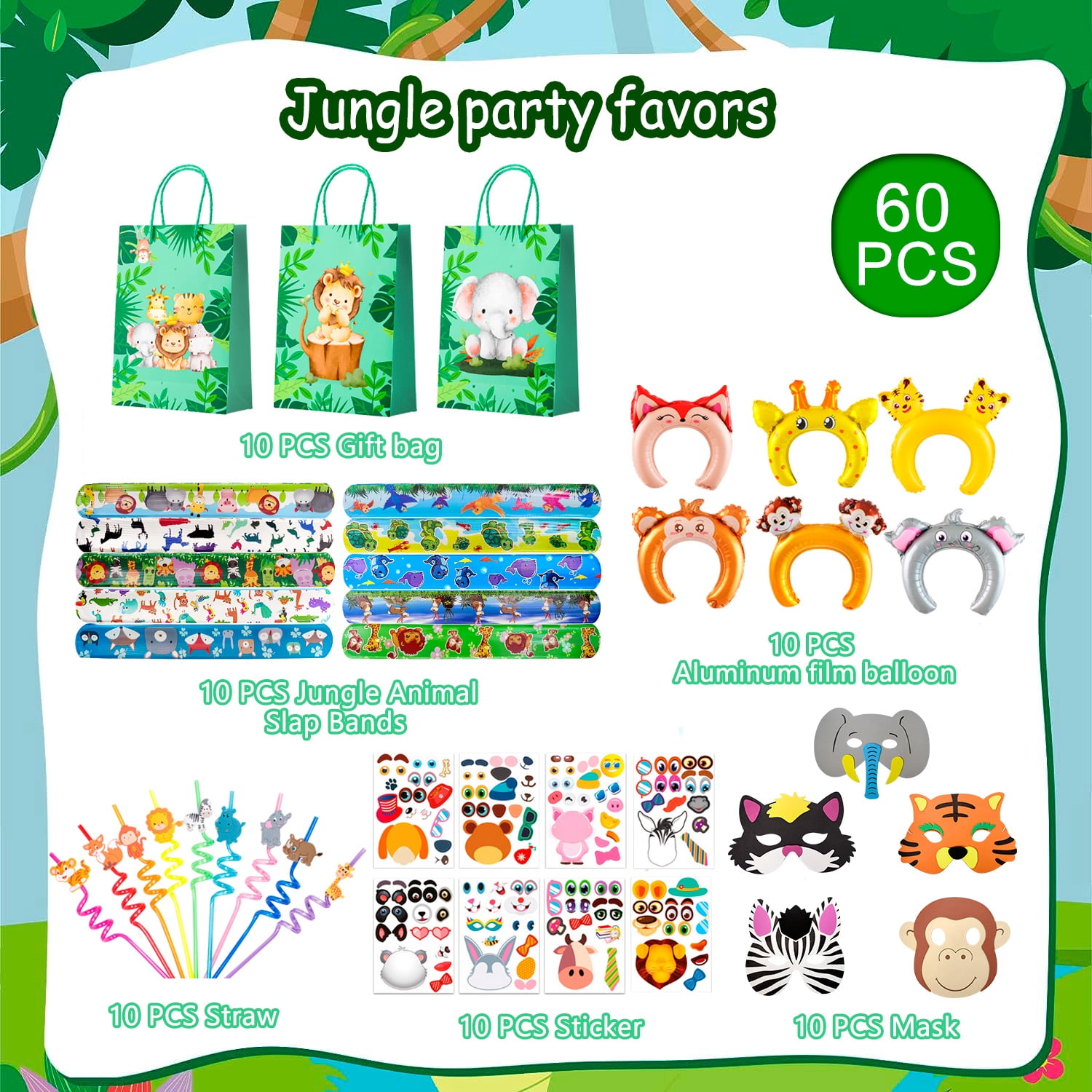 Jungle Safari Party Favors, 60pcs Jungle Safari Birthday Party Favors Set Includes Safari Party Slap Bracelets Stickers Straws Balloon, Animal Mask, Safari Goodie Bags