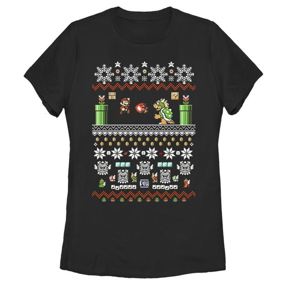 Women's Nintendo Ugly Christmas Mario and Bowser Graphic Tee Black Medium