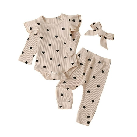 

ZCFZJW Newborn Baby Girl Clothes Infant Girls Outfits Heart Print Ribbed Ruffled Long Sleeve Romper Bodysuit Pants Headband 3 Pieces Set Beige 3-6 Months