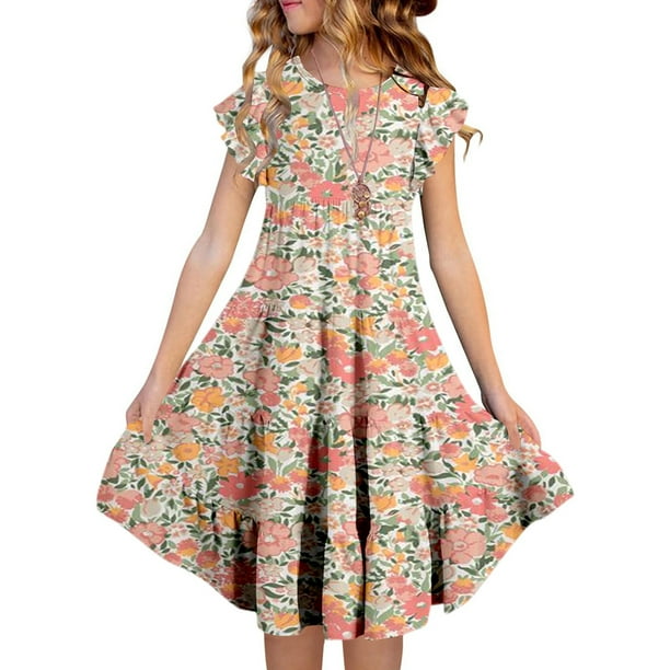 WILLBEST Vestidos de Algodon Vestidos Florales para Niñas para Verano Playa Piscina Juego Al Aire Libre Cómodo Casual para Niños de 4 A 15 Años 120