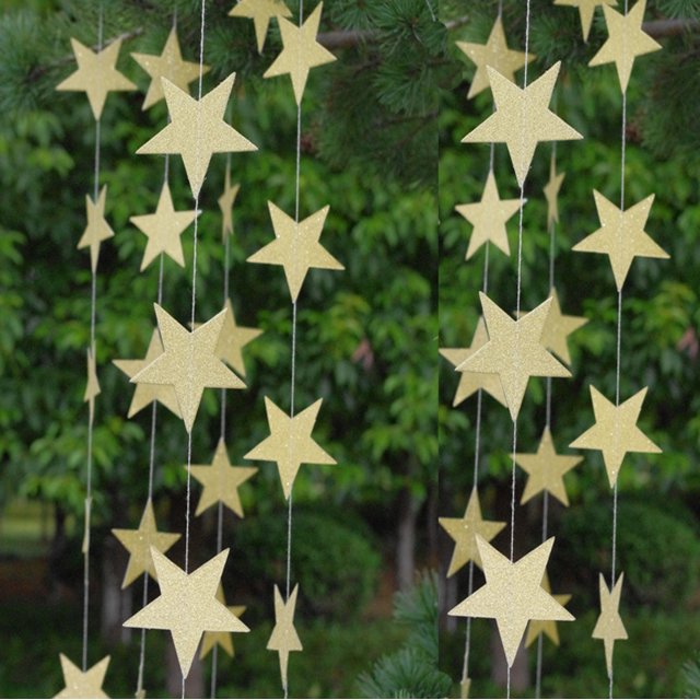 Adornos colgantes con forma de estrella, papel con purpurina, cadena de papel con forma de estrella de cinco puntas, decoración para bodas, cumpleaños y fiestas con purpurina