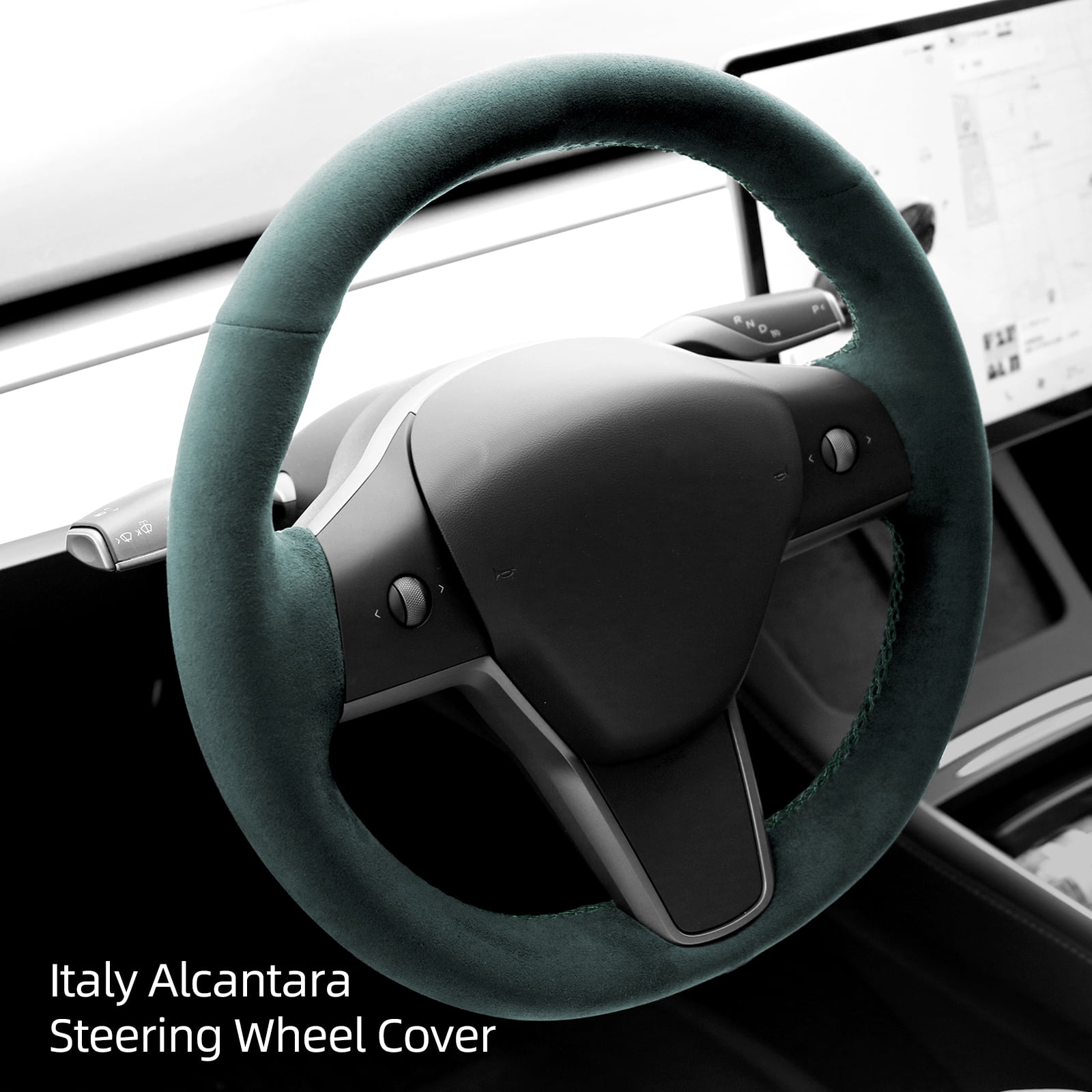 Alfanxi Hand Stitch Sewing Italy Alcantara Car Steering Wheel Cover Wrap for Tesla Model 3/Tesla Model Y 2018-2023 (Green Alcantara)