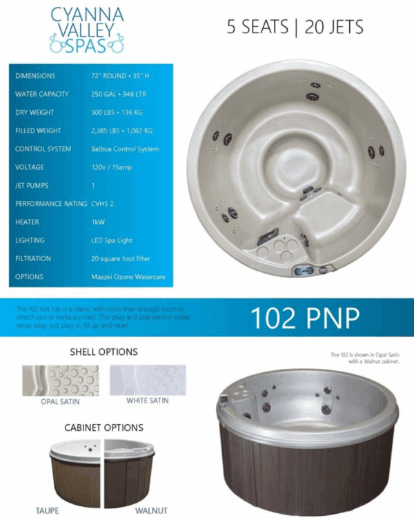 Cyanna Valley 102 PNP Walnut/White Hot Tub - 5 Person Open, 20 Jet Plug & Play (240V Convertible)