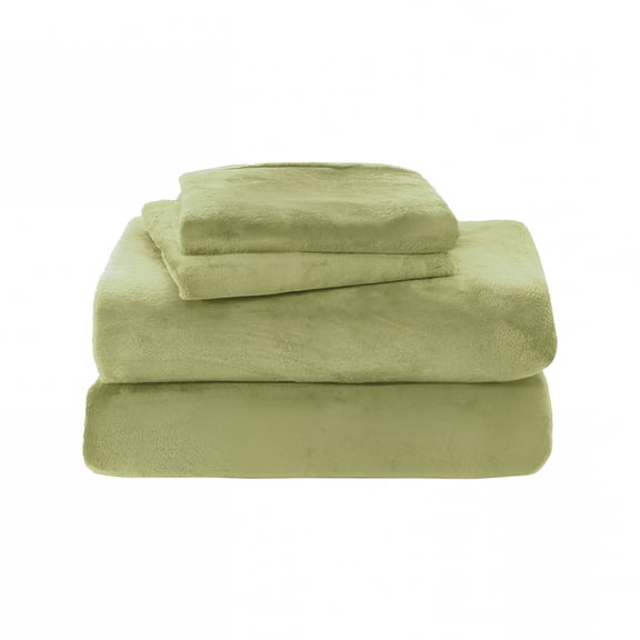 AUQ Queen Size Crystal Velvet Bed Sheet Set 3 Piece - Light Green Plush Flannel Fleece Flat Sheet and Pillowcase - Soft Wrinkle Free Luxury Bedding for Bedroom Guest Room Master Suite