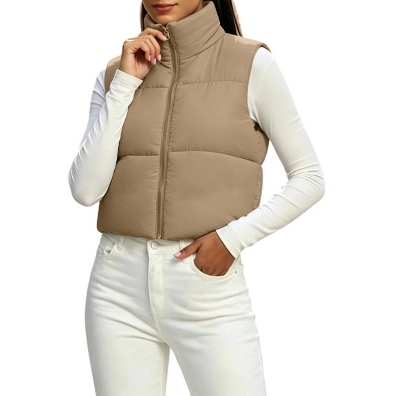 Lmueinov Puffer Vest for Women Stand Collar Zip Up Sleeveless Quilted Padded Coats Lightweight Fall Winter Warm Crop Outerwear