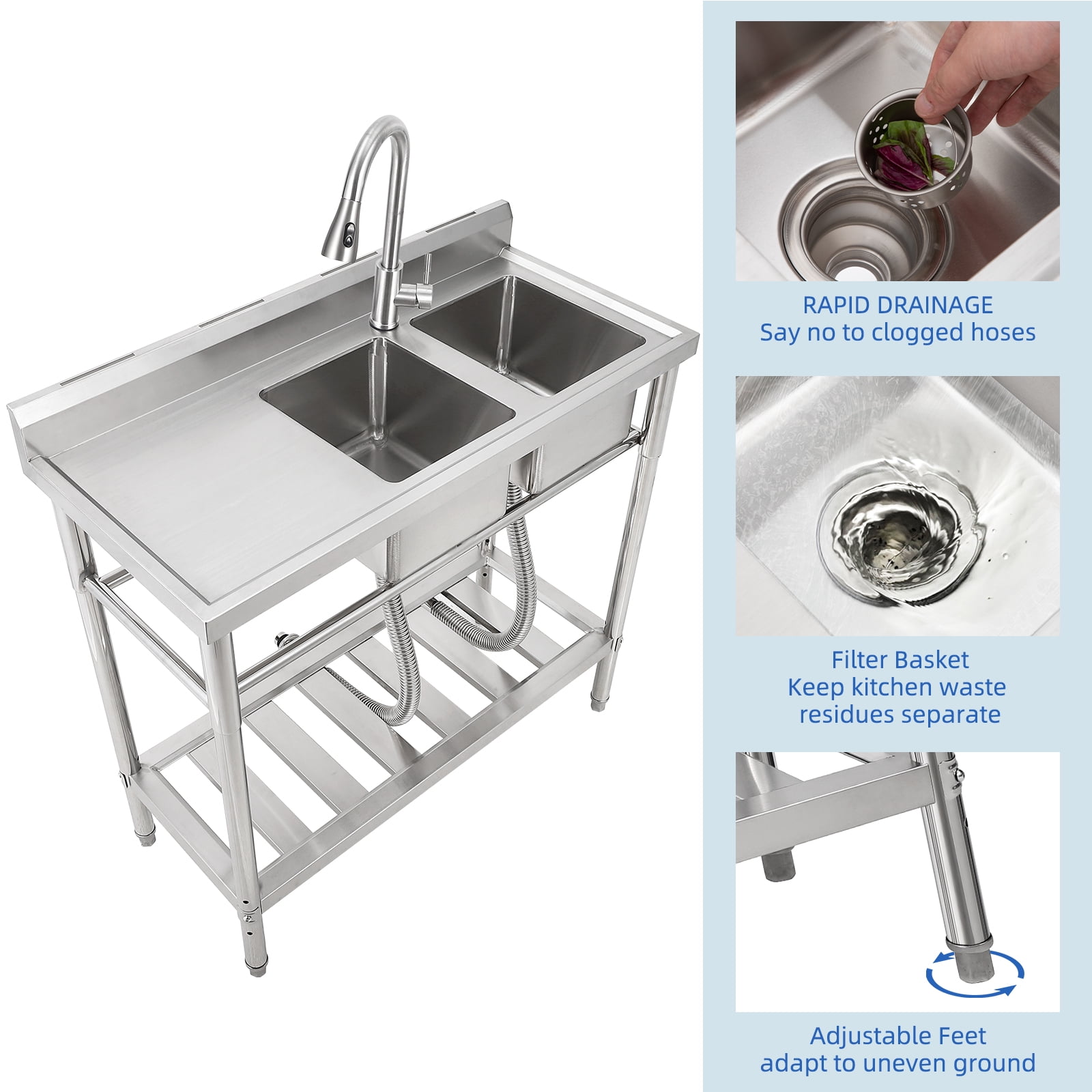 Yeshouse Stainless Steel Utility Sink with Pull-Down Faucet - Free Standing Double Bowl Commercial Sink for Kitchen, Restaurant, Garage, NSF Certified