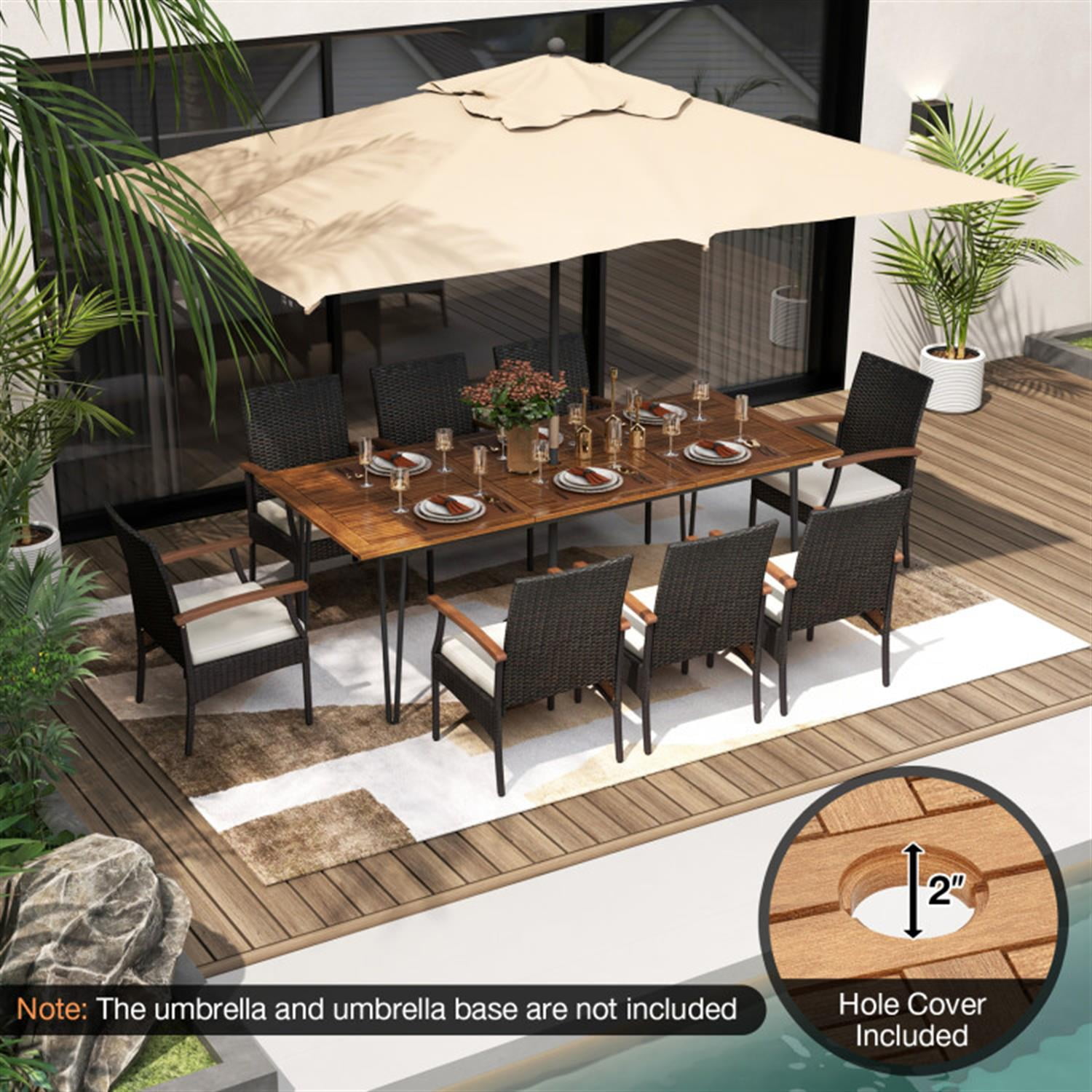 Demi Bonn 9 Pieces Patio Furniture Set with Wicker Armchairs, Soft Cushions and Acacia Wood Square Table, Conversation Dining for Garden Poolside Balcony, Brown-B