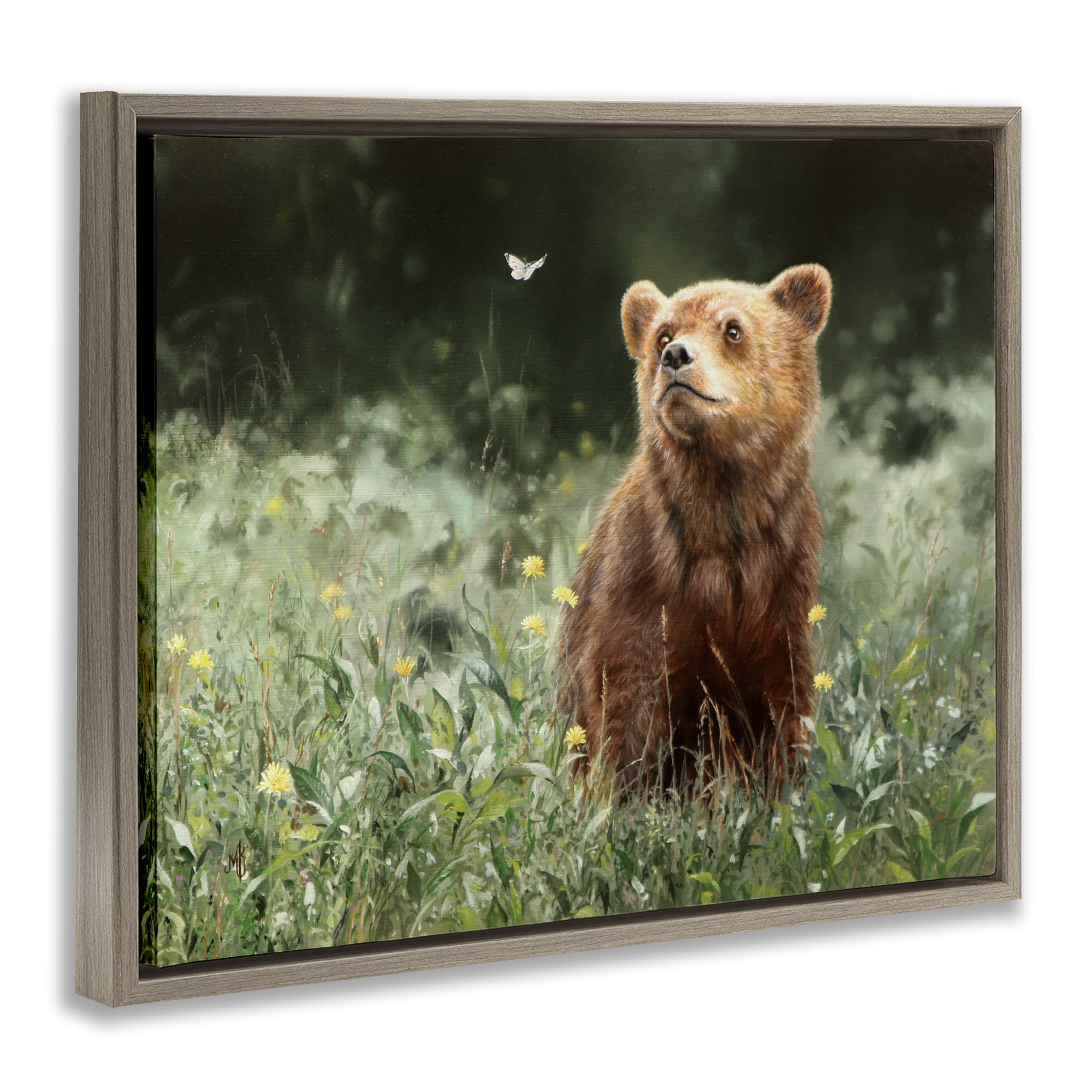 Stupell Industries Baby Bear & Butterfly Animals Painting Brown Floater Framed Canvas Art Print Wall Art, 31 x 25
