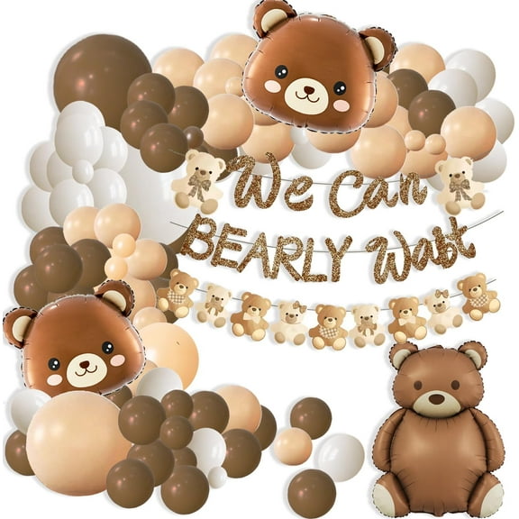 Bearly Wait Baby Shower Decorations Boho Bear Balloons,Bearly Wait Banner with Slogans,129pcs Nude and Brown Balloon Arch, Bear Baby Shower Gender Reveal,Birthday Party