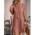 thumbnail image 4 of Women Linen Dress Spring Summer Casual Cap Sleeve V Neck Midi Button Down Shirt Dresses Peach M, 4 of 6