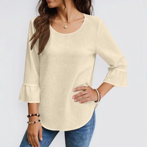Gamivast Linen Blouses for Women 3/4 Sleeve Round Neck Casyual Dressy Tops Loose Trendy Ruffled Cuff Tunic Tee Shirts Summer Vacation outfits