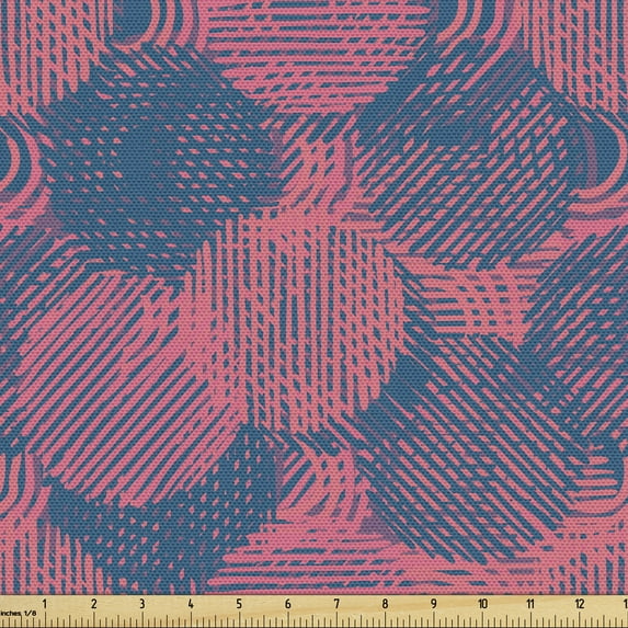 Abstract Fabric by the Yard, Grunge Circles and Stripes Chaotic Geometric Lines inside Round Forms Print, Upholstery Fabric for Dining Chairs Home Decor Accents, Sea Blue and Pink by Ambesonne