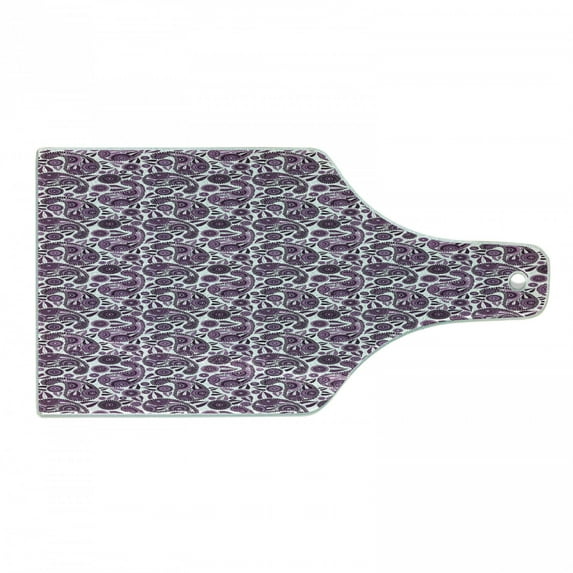 Purple Paisley Cutting Board, Inspired Illustration with Floral Leafy, Decorative Tempered Glass Cutting and Serving Board, in 3 Sizes, by Ambesonne