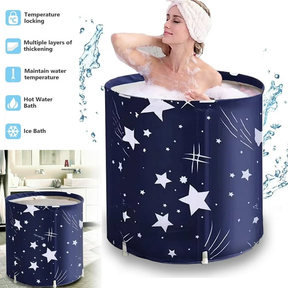 Foldable Bathtub for Adult and Kids, Large Portable Bath Tub, Collapsible Soaking Bathing Shower Tub Folding SPA Tub for Shower Stall, Hot Ice Bath, Baby Swimming, Blue, 27.6*25.6 Inch