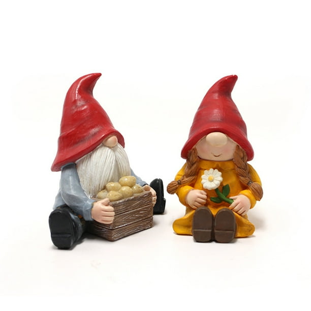 Set of 2 Gnomes Couple Resin Statue Handmade Fairy Garden Gnomes for
