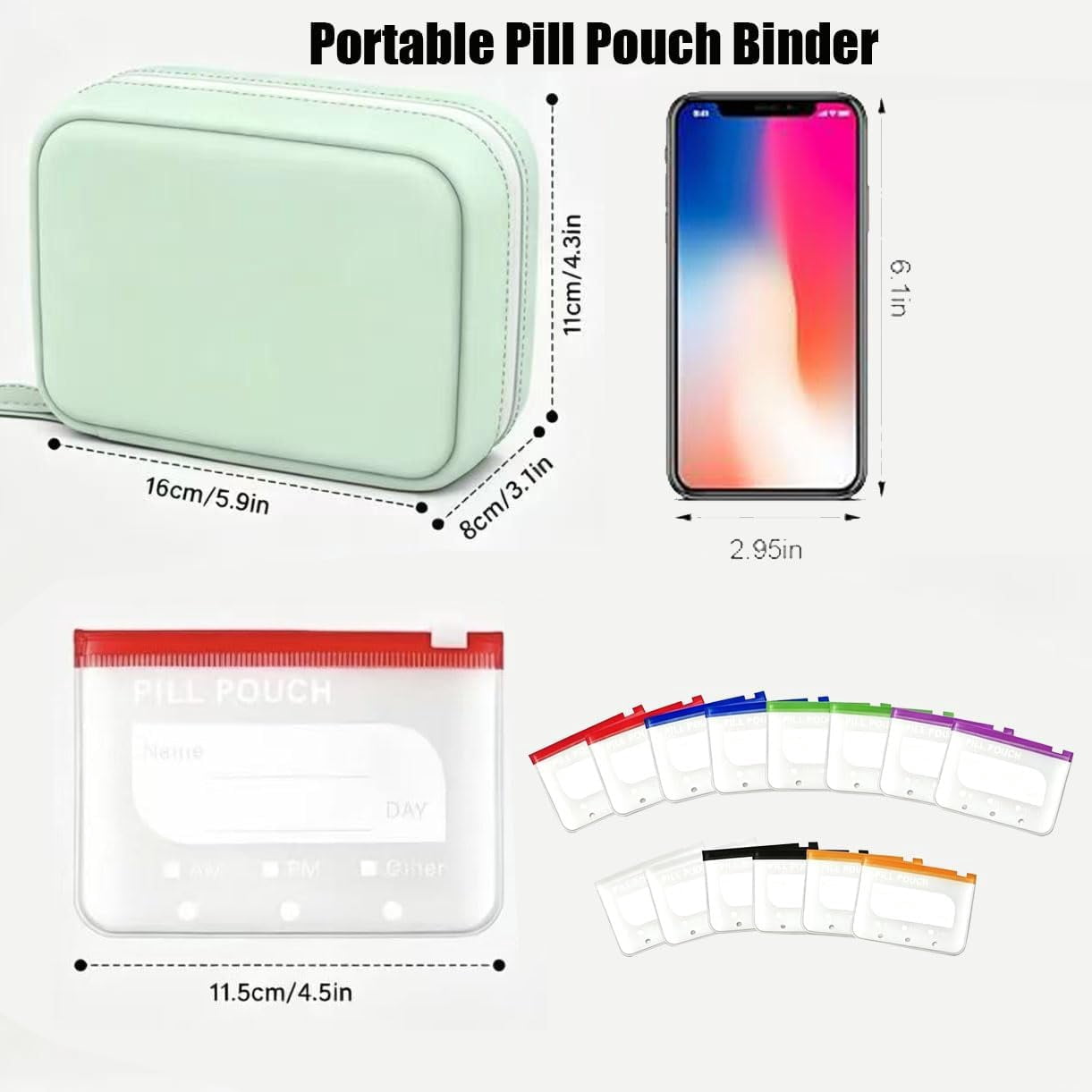 A8 Waterproof Pill Pouch Set, Weekly Pill Organizer with 14 Color Coded Medicine Pouches, Large Reusable Travel Medicine Case, Crush Resistant Waterproof Zipper Storage for Vitamins Fish
