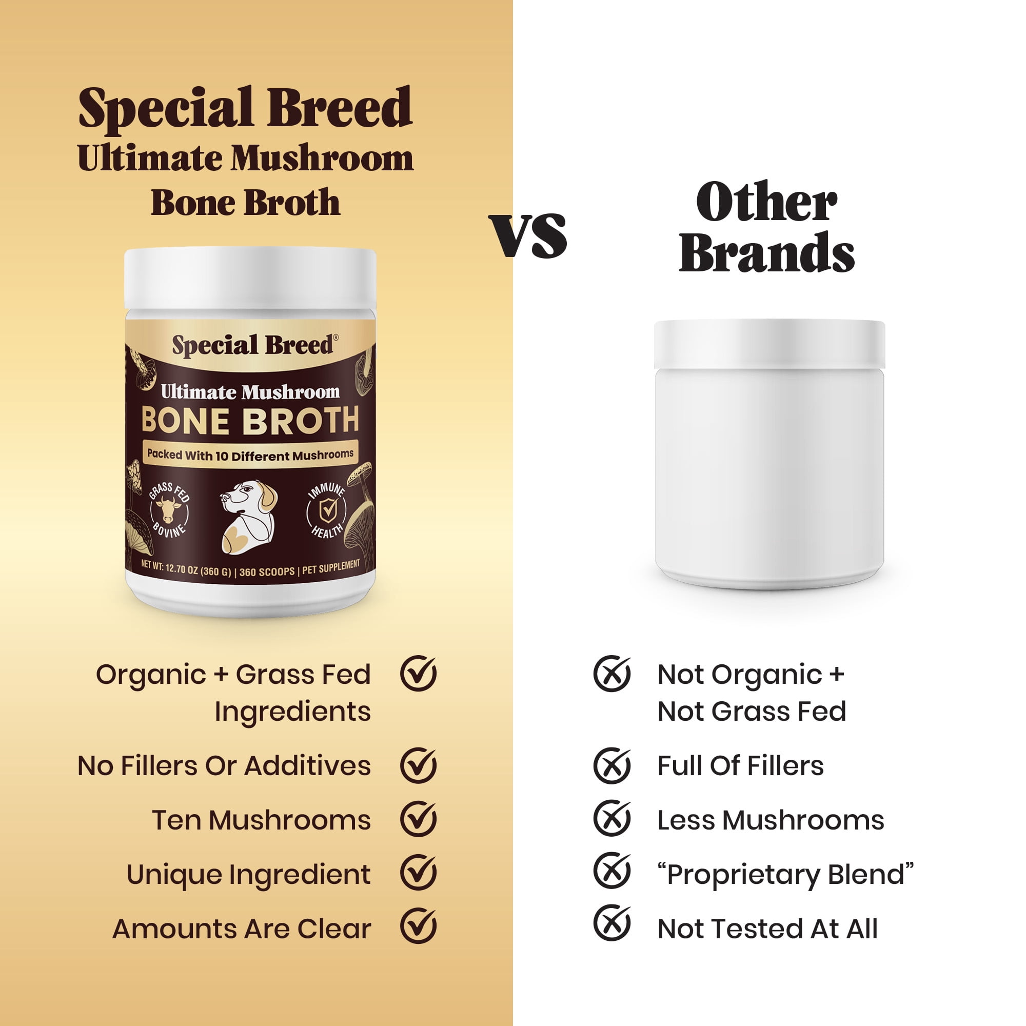 Beef Bone Broth for Dogs - High Protein Powder with Ten Organic Mushrooms & Collagen - Immune, Joint, Digestion & Cognitive Support - Tasty Dog Food Topper - Natural Hydration Booster