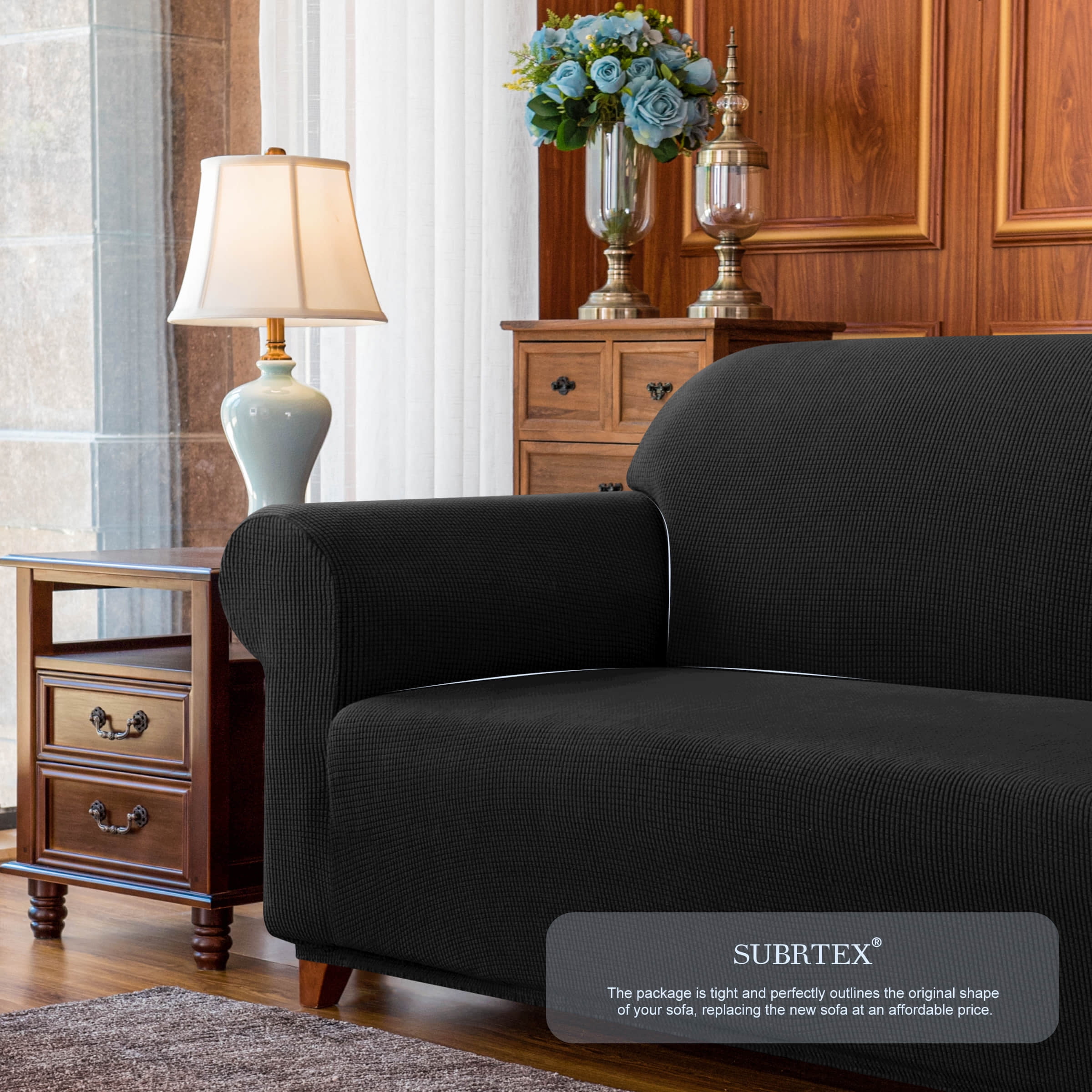 Subrtex Stretch 1-Piece Textured Grid Armchair Slipcover, Black