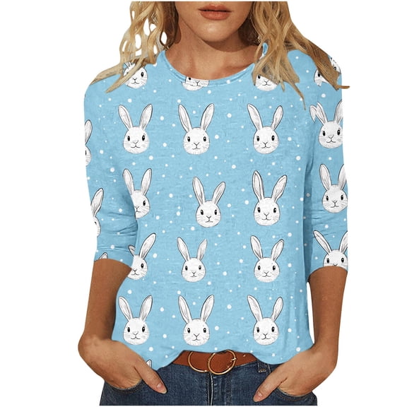 Easter T Shirts for Women Plus Size Casual Round Neck 3/4 Sleeve Day Funny Printed T Shirt