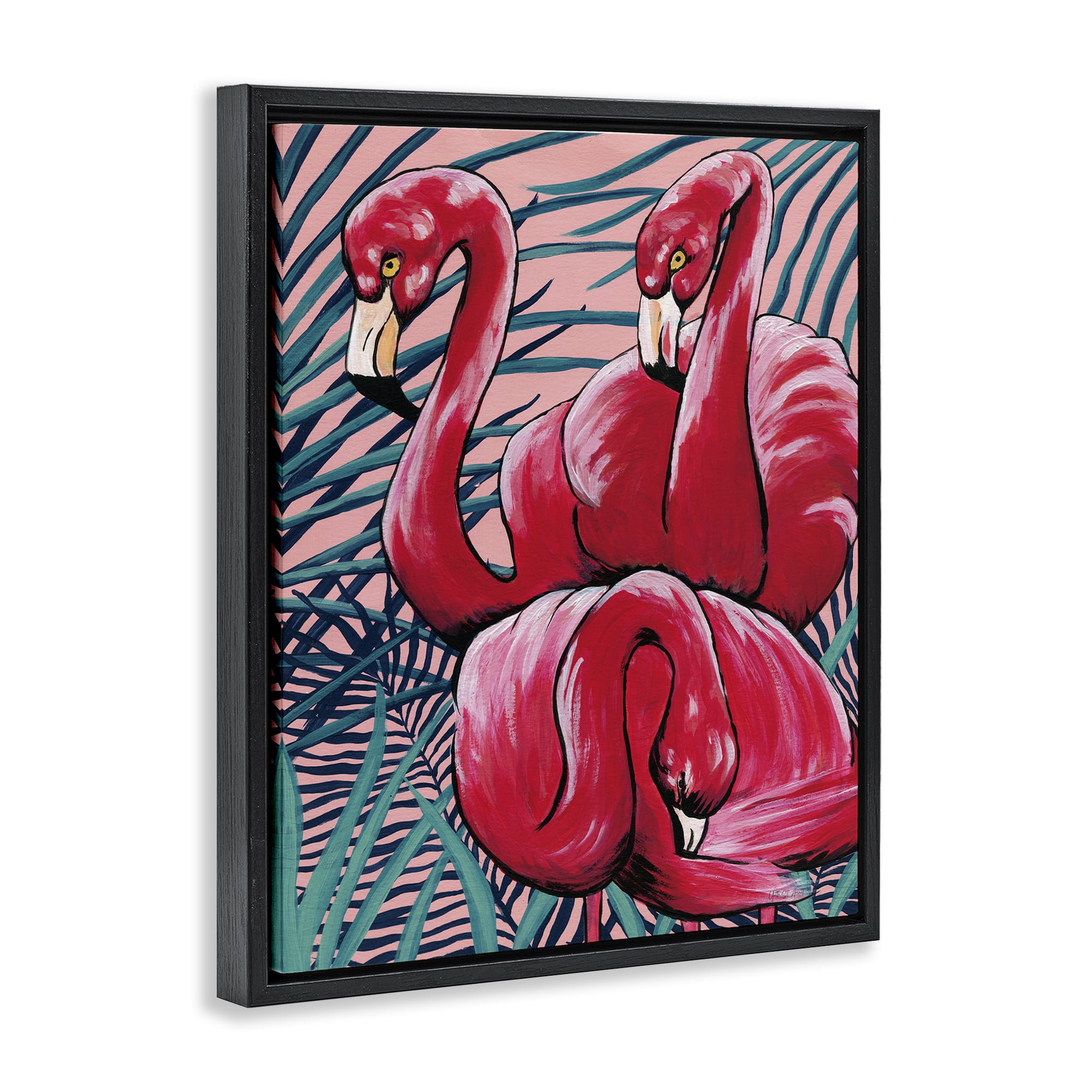 Stupell Industries Tropical Paradise Flamingos Animals Painting Black Floater Framed Canvas Art Print Wall Art, 25 x 31