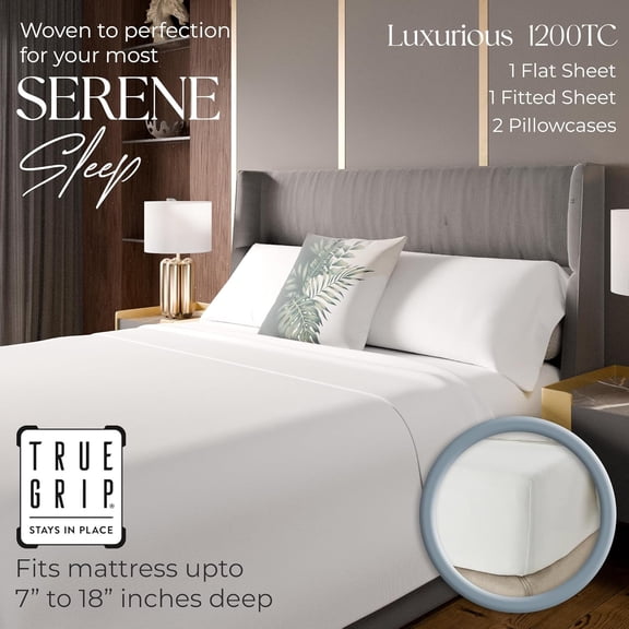 1200 Thread Count Queen Size Sheets Set White, Ultra Soft Cotton Rich Easy Care Sateen Sheets, Moisture Wicking Bed Sheet with Deep Pocket (1 Flat Sheet, 1 Fitted Sheet & 2 Pillowcases)